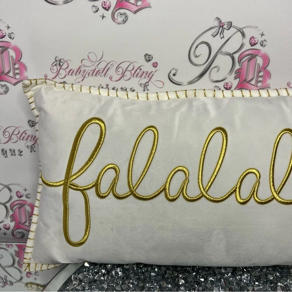 Falalala pillow Christmas decor white gold shimmer embroidered XMAS holidays